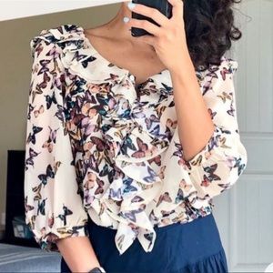 TED BAKER Butterfly Ruffle Ivory Blouse Size 4